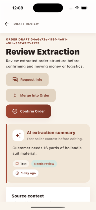 Draft review screen showing AI extraction summary and confirm order actions