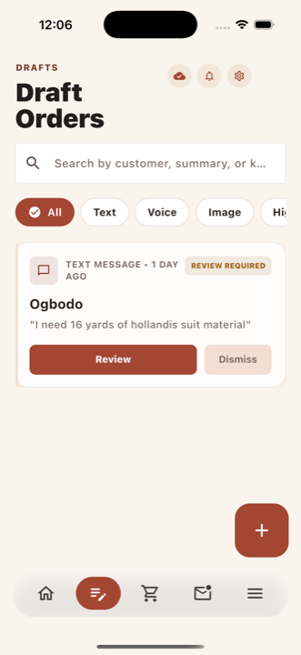 Draft orders screen with review required state and seller actions