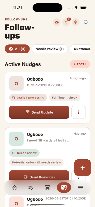 OrderOS follow-up screen showing active nudges and seller actions