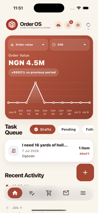 OrderOS home dashboard showing value graph, task queue, and recent activity