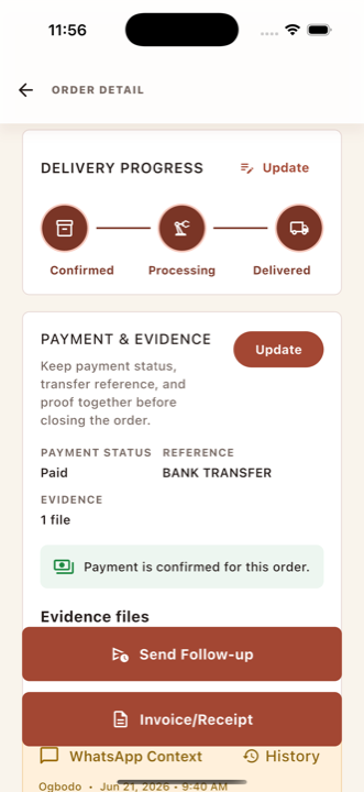 Order detail screen showing delivery progress, payment evidence, and follow-up actions