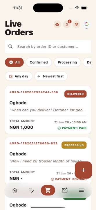 OrderOS live orders screen showing searchable order cards and status filters
