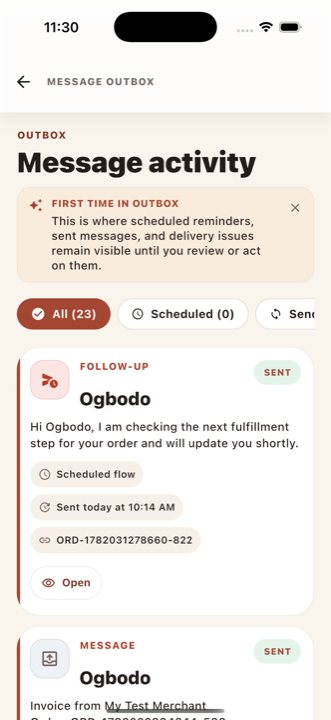 OrderOS outbox screen showing message activity and sent reminders